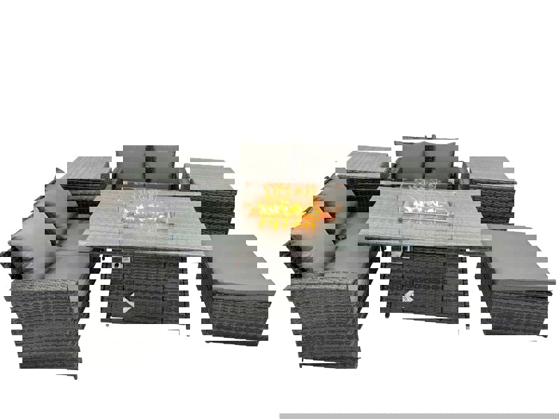 Fimous Outdoor Love Sofa Set 5 Seat Rattan Garden Furniture Set with Gas Firpit Dining Table Big Footstool 2 Side Table Dark Grey Mixed
