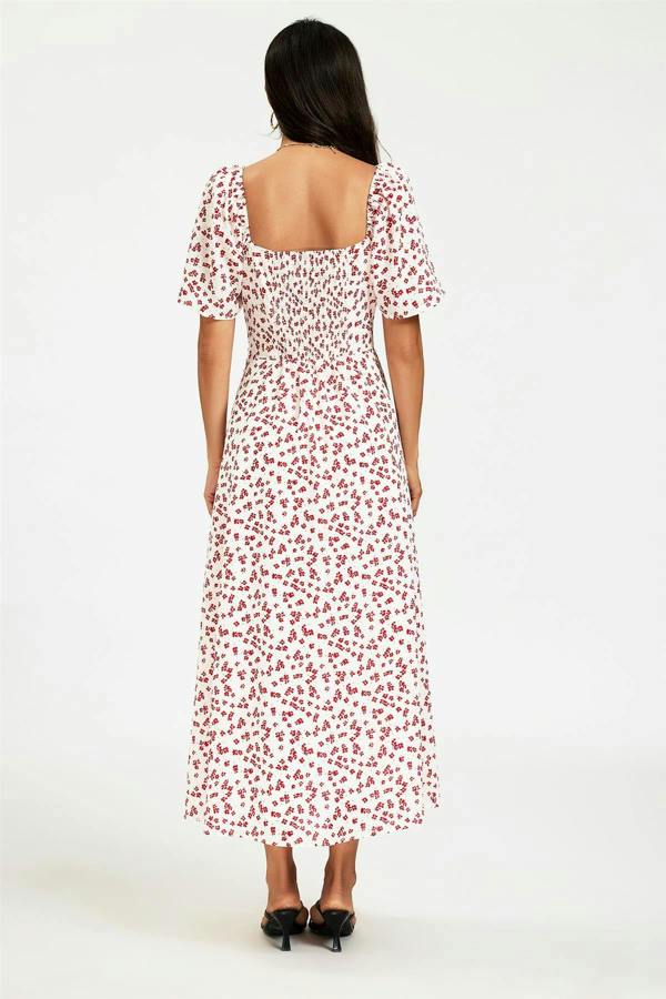FS Collection Floral Print Angel Sleeve Heart Neckline Midi Dress In White