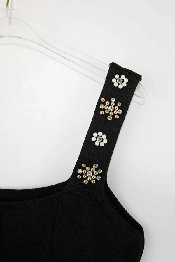 WOVCOR Premium Yarn Square Neck Embellished Peplum Knit Blouse