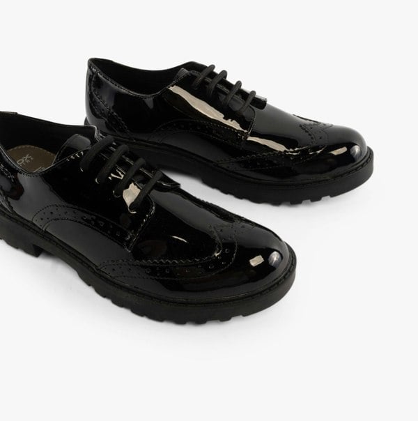 GEOX JR CASEY Girls Patent Brogue School Shoes Black