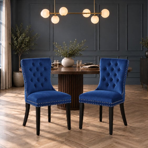 Neo Set Of Two Midnight Blue Studded Velvet Dining Chairs with Ring Knocker Detail