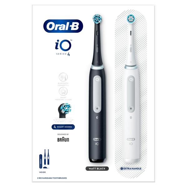 Oral-B iO 4 Dual Pack, Black & White Electric Toothbrushes, 2 Toothbrush Heads, 1 Travel Case
