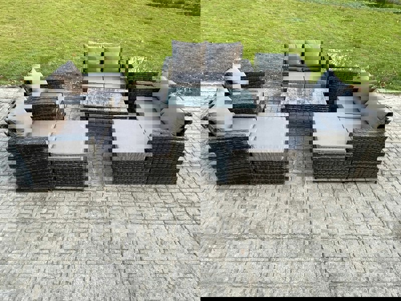 Fimous 8 Seater Outdoor Rattan Patio Furniture Set Garden Lounge Sofa Set with Armchairs Side Table 2 Big Footstool Coffee Table Dark Grey Mixed