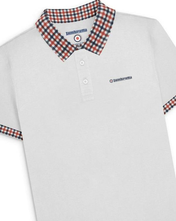 Lambretta Mens Classic Dress Gingham Mod Retro Ska Casual Polo, men's white polo shirt with a red, black, and white checkered collar and sleeve accents.