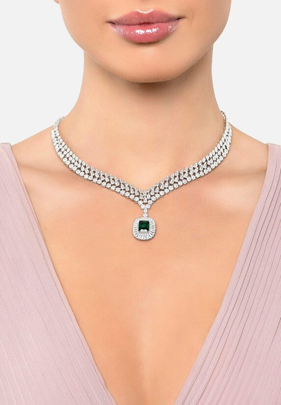 Latelita Countess Statement Emerald Necklace Silver