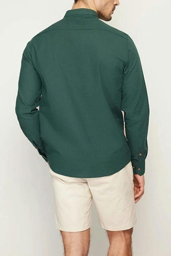 WOVCOR Slim Fit Half Placket Mandarin Collar 100% Cotton Linen Look Men’s Shirt