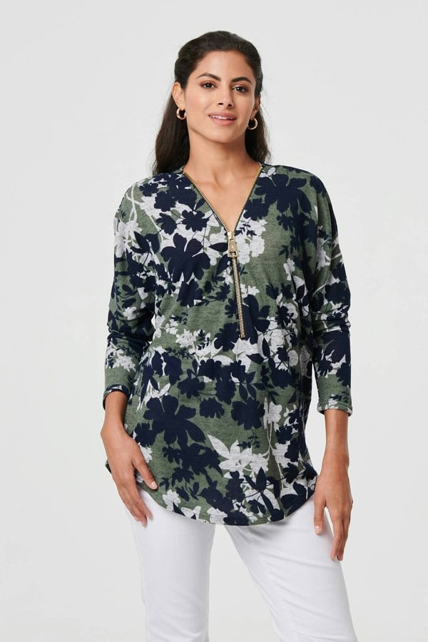 Green | Leaf Print Zip Front Relaxed Top
