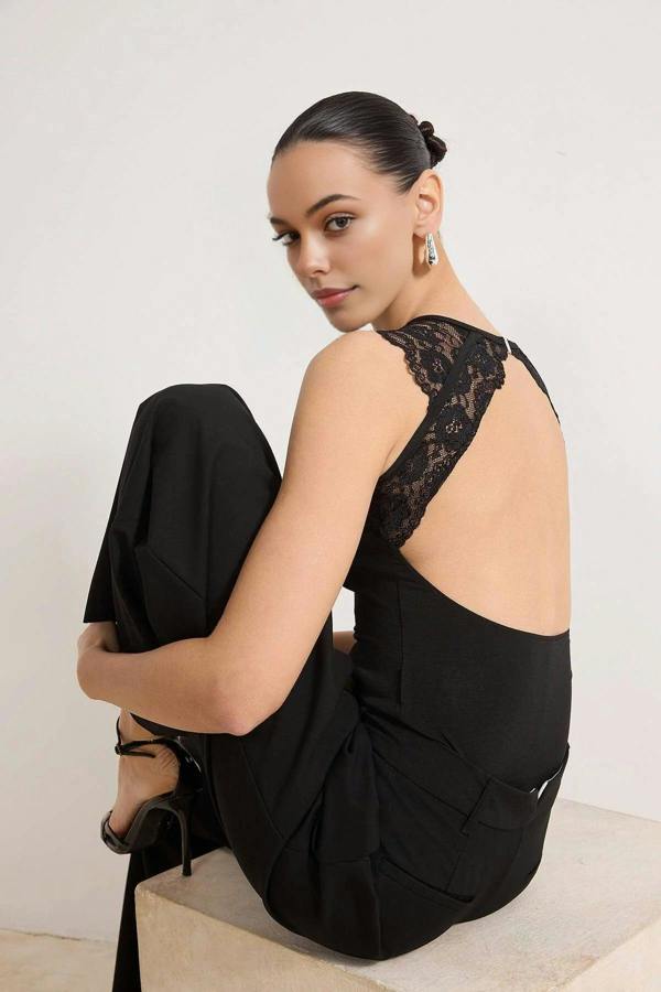 WOVCOR Lace Detail Backless Knitted Bodysuit