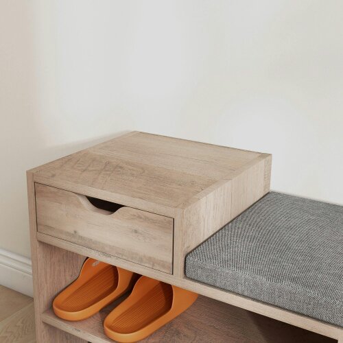 Wyld Haus Lapa Wooden Multi Compartment Shoe Bench 1 Drawer Grey Cushioned Seat