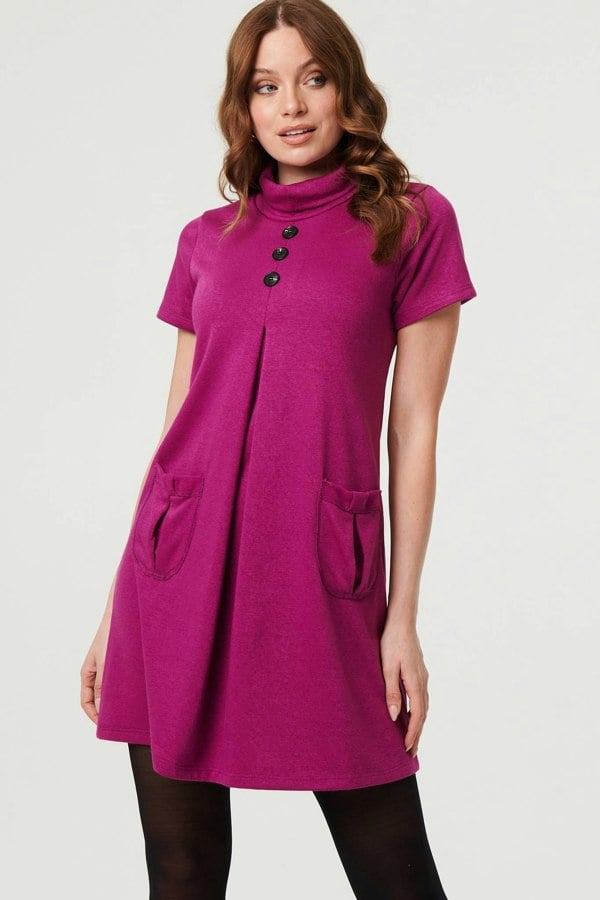 Purple | Cowl Neck Button Front Short Shift Dress
