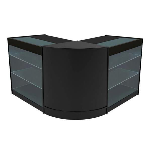 Black Helios LED shop counter set with sleek curved design, glass shelves, and modern finish, ideal for retail displays