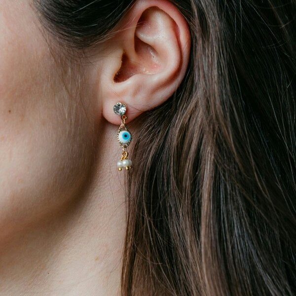 The Colourful Aura White Tiny Pearl Poth Zircon Greek Evil Eye Dangle Drop Handmade Stud Earrings - Gold - Gold