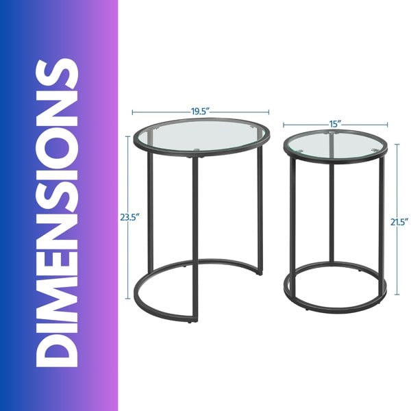 Rafaelo Mobilia Set Of 2 Round Nesting Coffee Tables With Tempered Glass Top Black