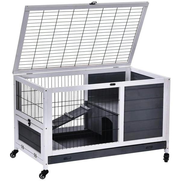 Grey wooden two-tier guinea pig hutch with wire-front enclosure and enclosed run