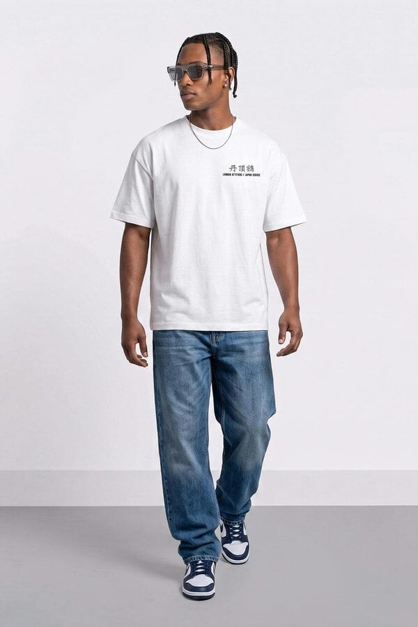 Japanese Crane Oversized Heavyweight Back Print T-Shirt in White