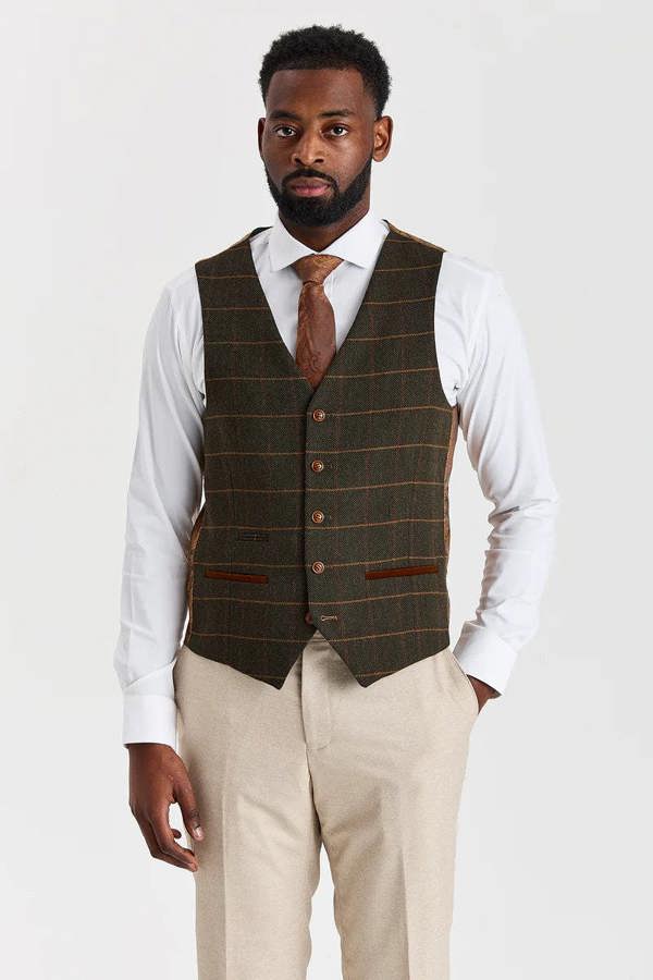 Paul Andrew Belmont Beige Suit with Harris Green Tweed Waistcoat