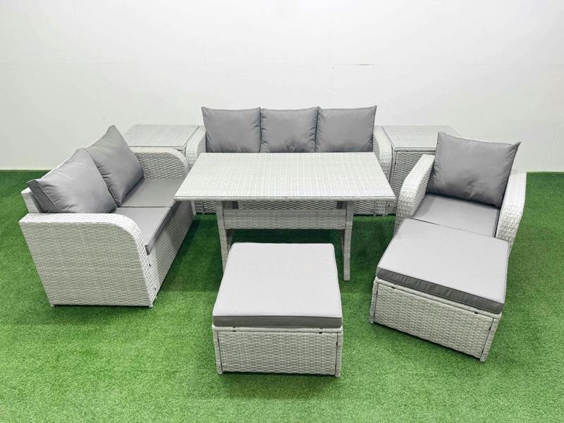 Fimous 8 Seater PE Rattan Garden Furniture Set, Dining Table, Reclining Chair, Loveseat, 3 Seater Sofa, 2 Big Footstools, 2 Side Table, Light Grey