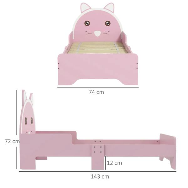 Pink cat-themed toddler bed frame with dimensions labeled on a white background.
