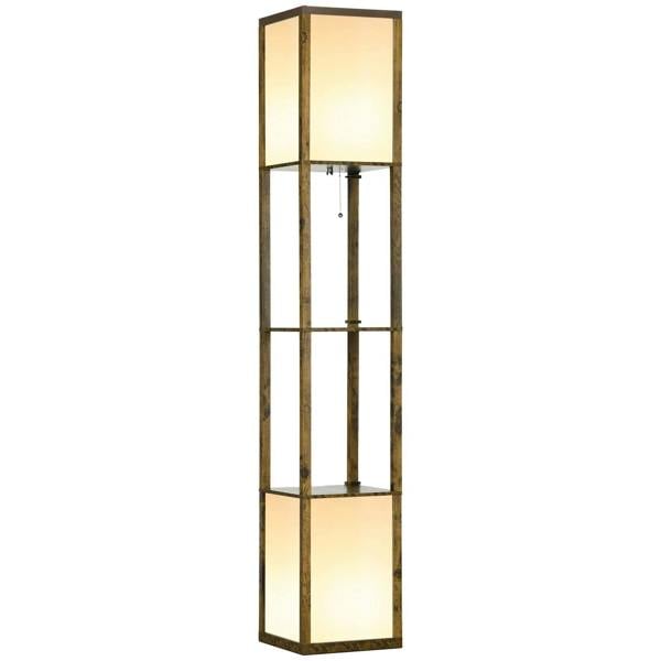 Brown standing shelf floor lamp with two lit glass panels and metal frame