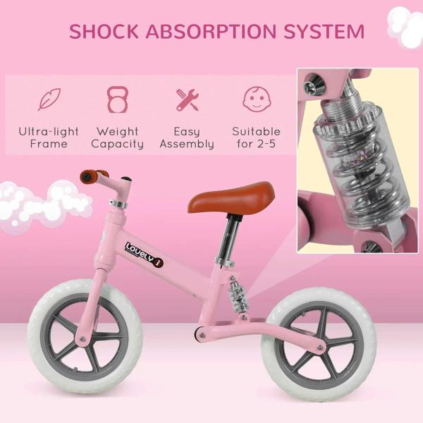 Pink kids balance bike with shock-absorbing spring suspension and EVA tires
