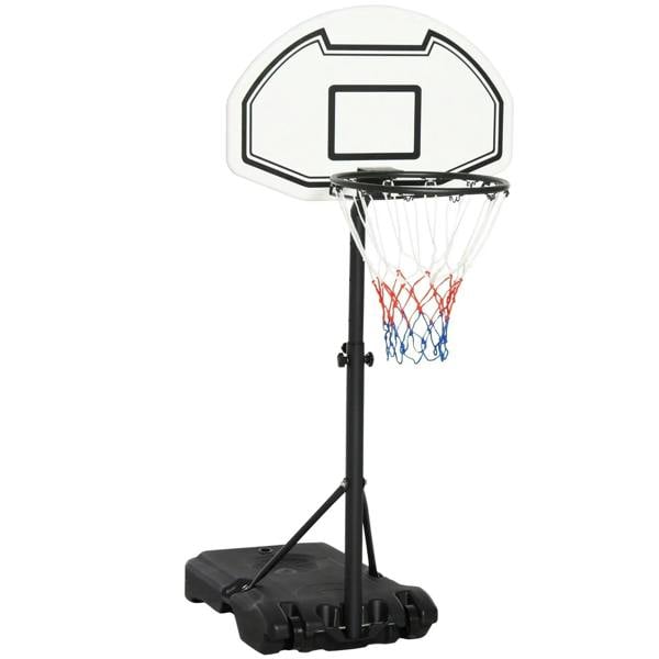 Black basketball hoop stand with white backboard and net, full frame view