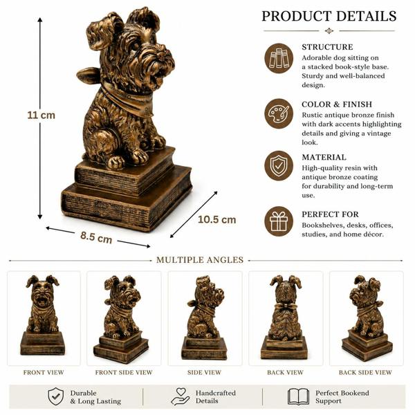 Maison des Cadeaux Bronze Effect Resin Dog Bookends, Vintage Animal Book Supports for Home Office, Library & Living Room Decor (Set of 2)