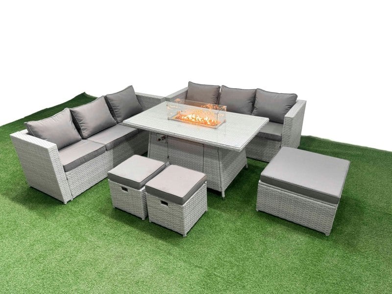 Fimous 9 Seat PE Rattan Lounge Sofa Set Outdoor Garden Furniture Set with Fire Pit Dining Table 3 Seater Sofa 3 Stools Light Grey
