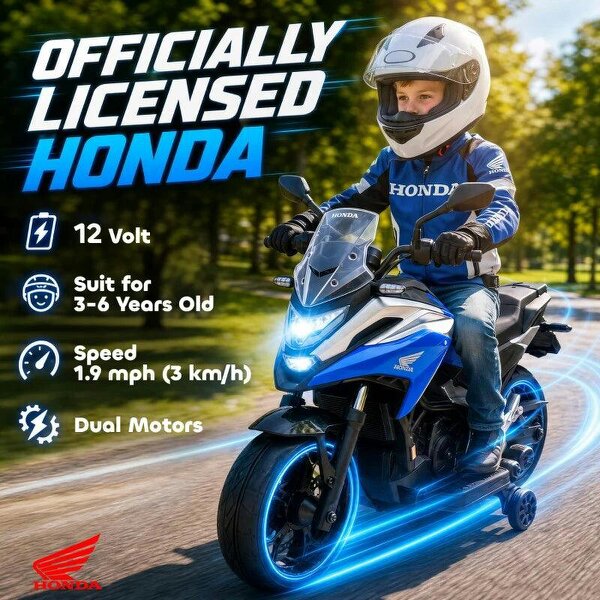 Licensed Honda 12V Kids Electric Motorbike with Training Wheels, Soft Start, Headlights, Music for 3-6 Years, Blue