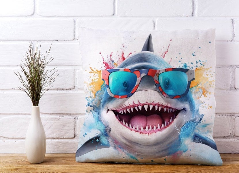 Warren Reed Splashart Shark In Glasses Cushions