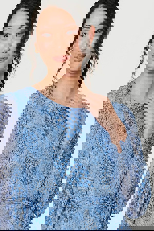 Blue | Feather Print Sheer Layered Maxi Dress
