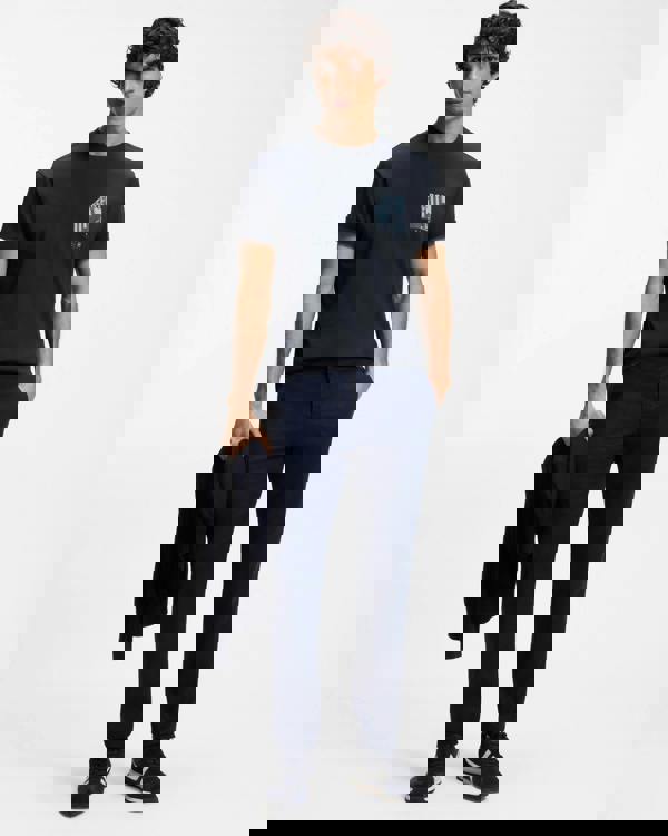 Model wearing BOSS Orange Te Board Mens T-Shirt in Dark Blue 404 - Full length