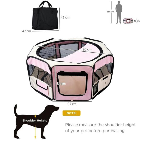Pink collapsible pet playpen with mesh panels and zippered door, shown with size diagram