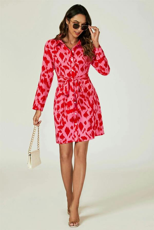 FS Collection Abstract Print Shirt Mini Wrap Dress In Pink