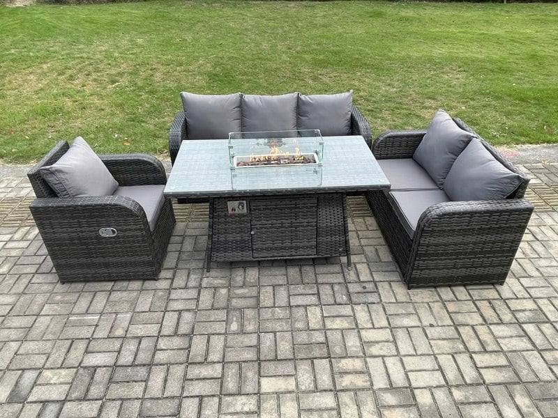 Fimous Rattan Garden Furniture Set with Fire Pit Table 6 Seater Outdoor Lounge Sofa Set Dark Grey Mixed