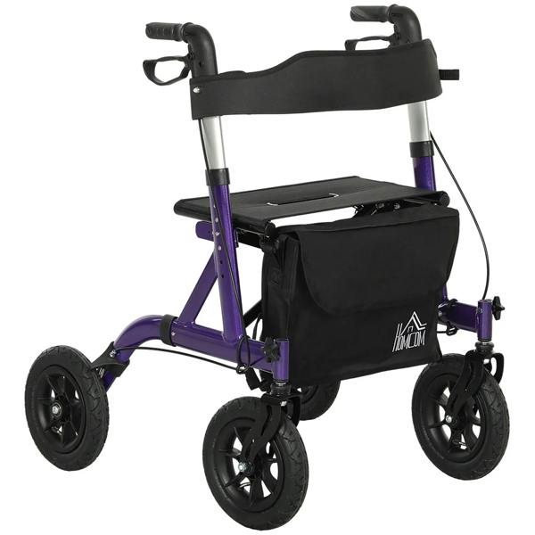 Purple folding rollator with black seat, storage pouch, 4 wheels, adjustable handle