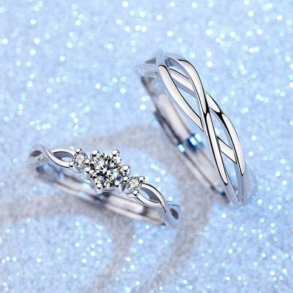 The Colourful Aura Adjustable Silver Couple Promise Braid Zircon Matching Ring set