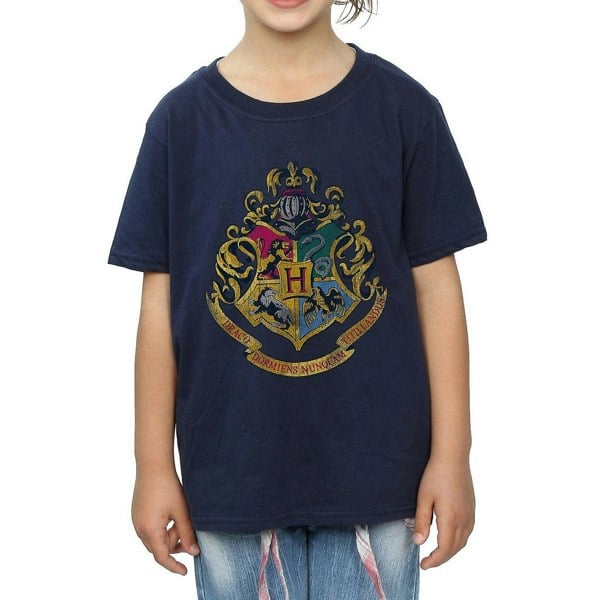 Harry Potter Girls Hogwarts Crest Cotton T-Shirt - Navy Blue