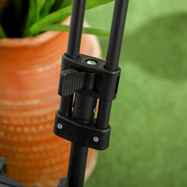 Adjustable trolley handle clamp with locking pin on black steel frame