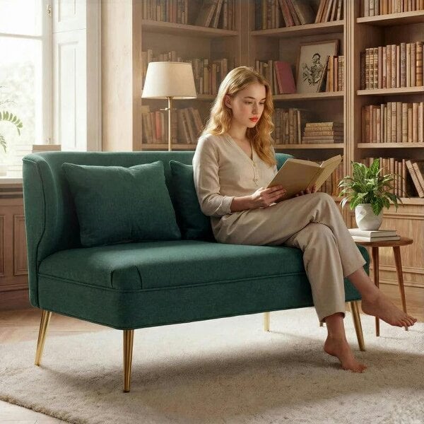 2 Seater Sofa, Linen-look Fabric Small Sofa with Wing Back, Thick Seat, Metal Legs, Dark Green