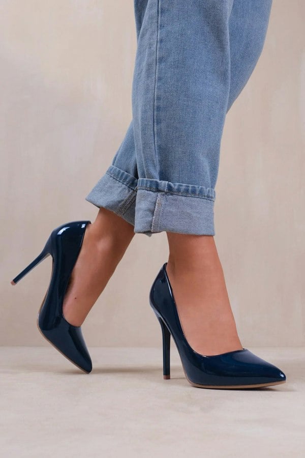 Where's That From Kyra Wide Fit High Heel Stiletto Pumps in Navy Patent Faux Leather