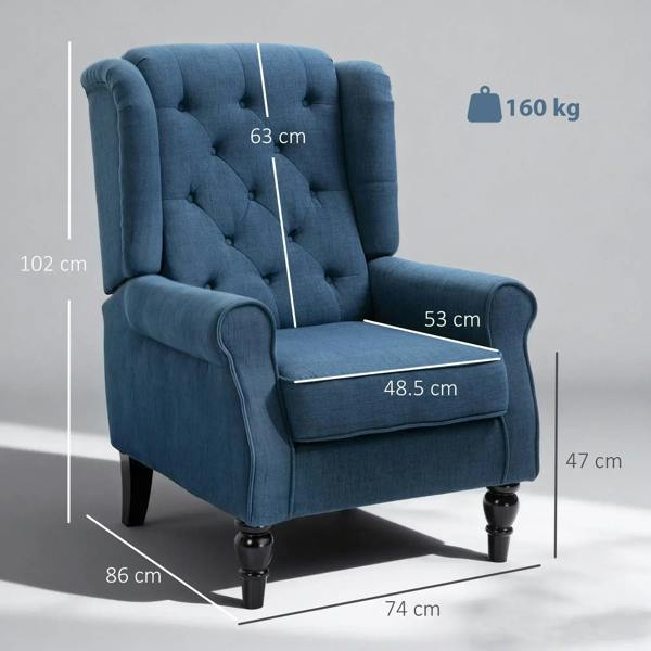 Blue wingback accent chair with tufted back, rolled arms, and turned legs.