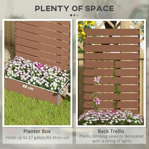 Light brown raised planter box with trellis panels and front planting trough