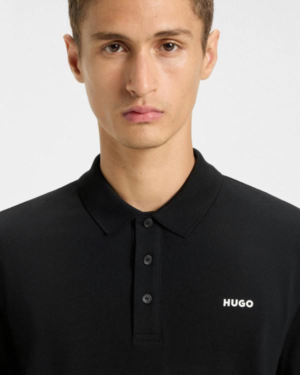 HUGO Donoslong Mens Cotton - piqué Long Sleeve Polo shirt with logo print - Black 001 | CHO | Designer Mens,Polo Shirts,Long Sleeve