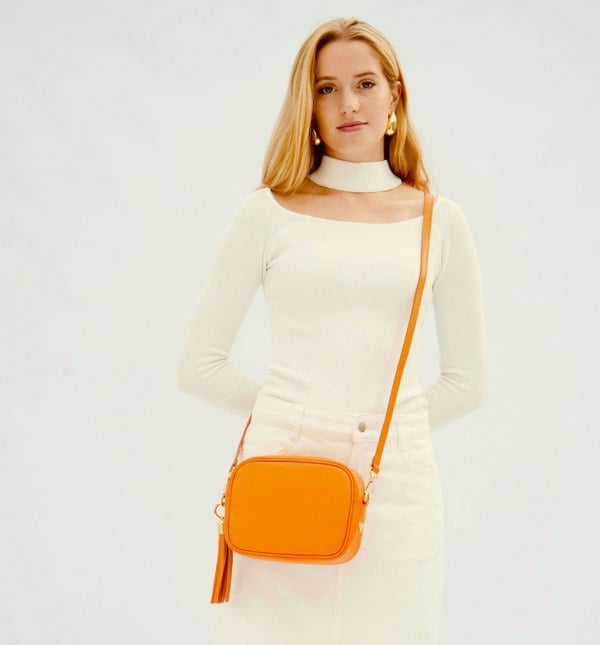 Apatchy London The Tassel Orange Leather Crossbody Bag With Gold Chain Strap