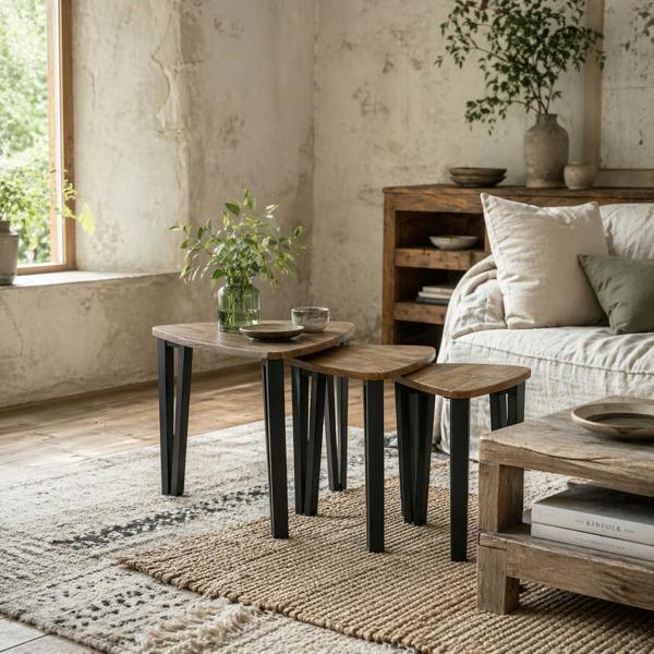 Wyld Haus Coro Set Of 3 Triangle Nesting Coffee Tables Metal And Wood Walnut Finish