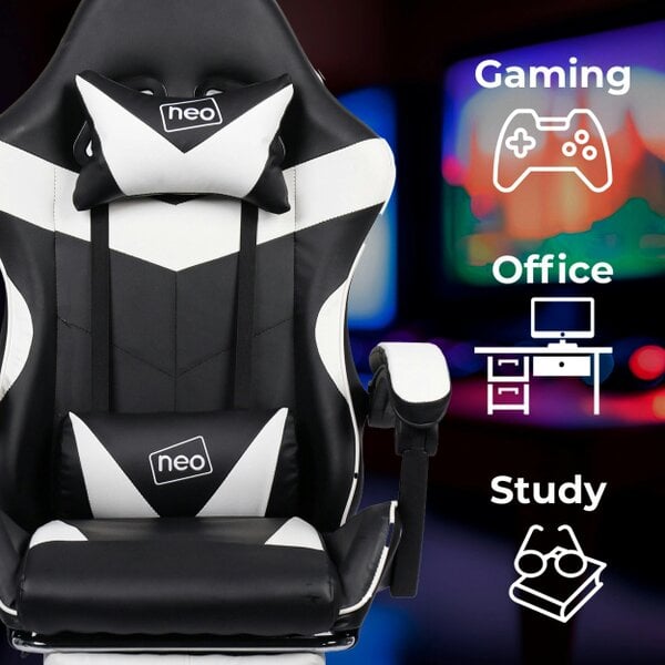 Neo White & Black PU Leather Gaming Chair with Footrest