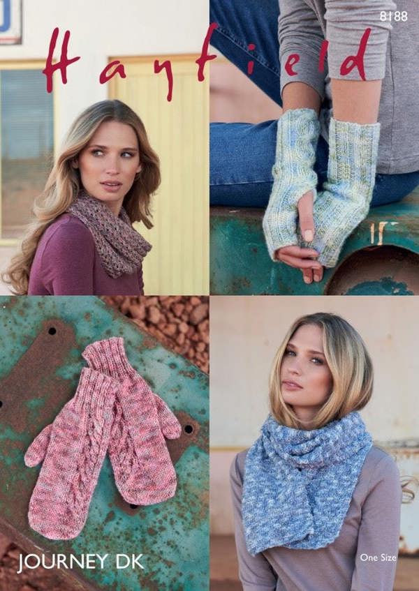 Hayfield Journey DK Knitting Pattern 8188, Scarves, Gloves, Wrist Warmers for Women, One Size
