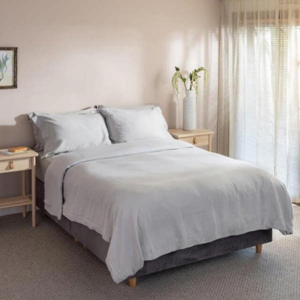 Light Grey French Linen Bed Set styled in a bedroom 6 | Soak and Sleep