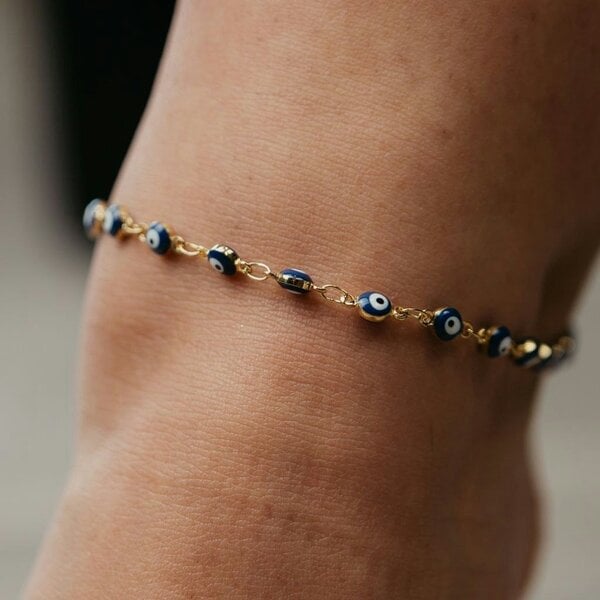 The Colourful Aura Golden Blue Evil Eye Protection Charm Adjustable Turkish Beaded Payal Anklet