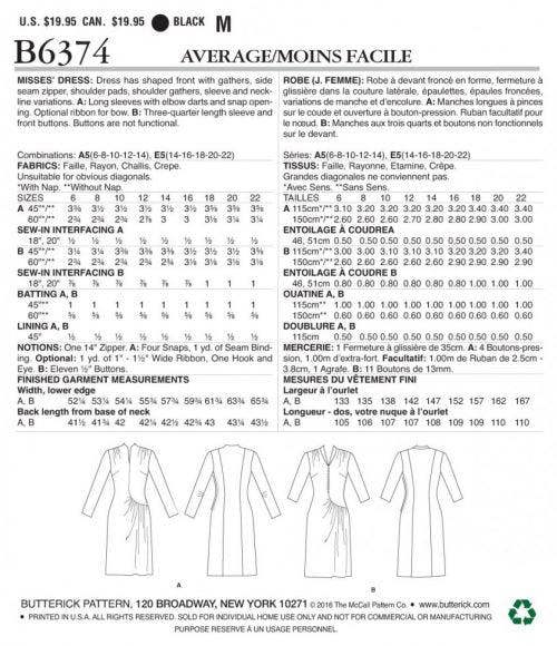 Butterick Sewing Pattern 6374, Dresses, Vintage Style for Women, 6-8-10-12-14 - Intermediate